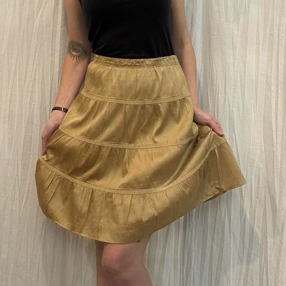 Silk Gold Tiered‎ A-Line Peasant Midi Skirt Y2K American Eagle Outfitters Boho